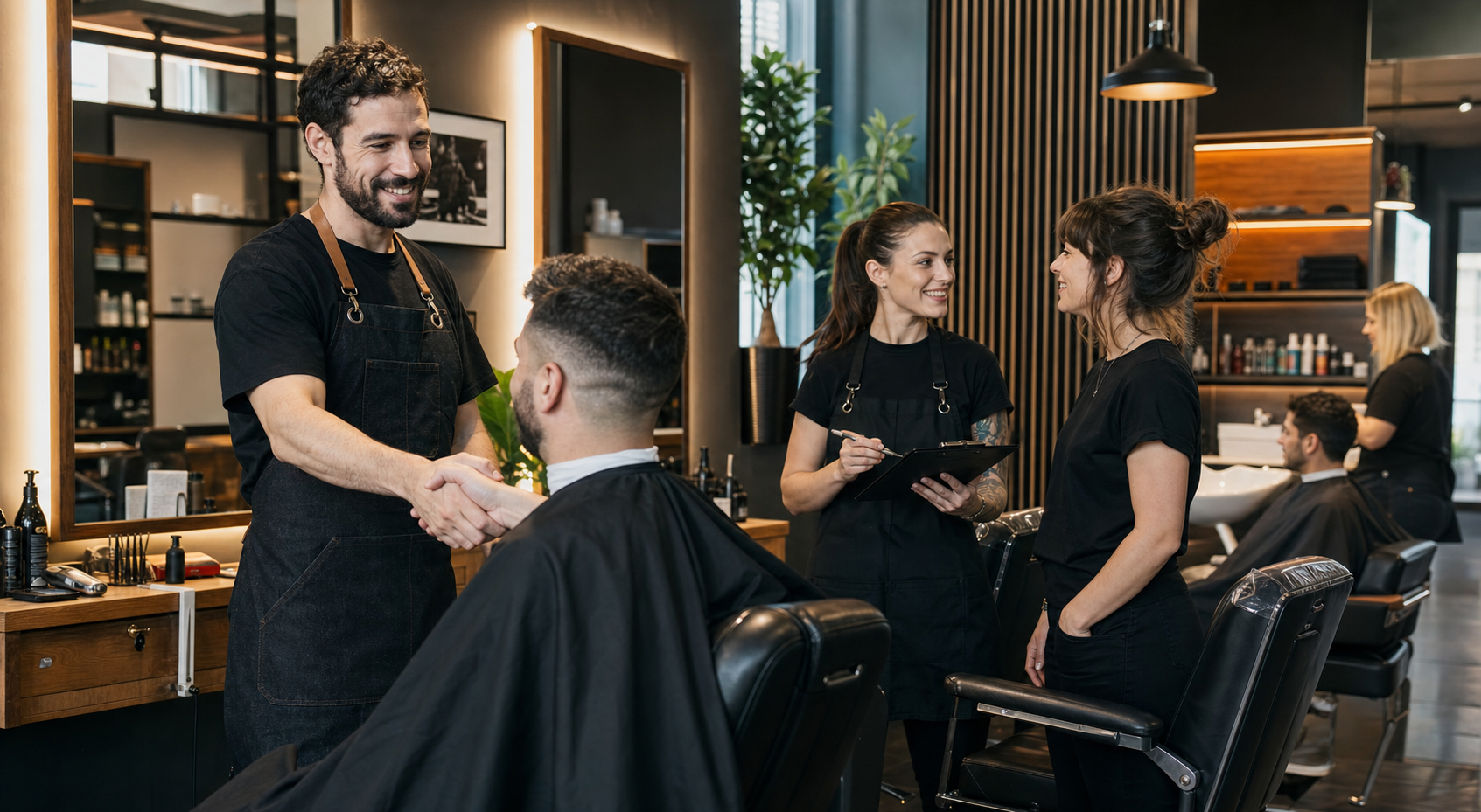 Profissionais de barbearia e salão a trabalhar com clientes e marcações organizadas
