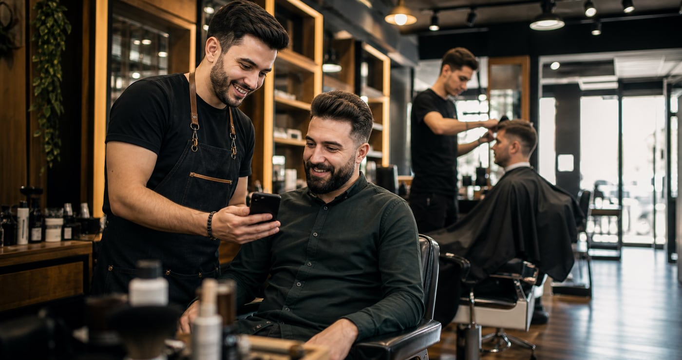 Profissional de barbearia a mostrar confirmação de marcação no telemóvel a um cliente