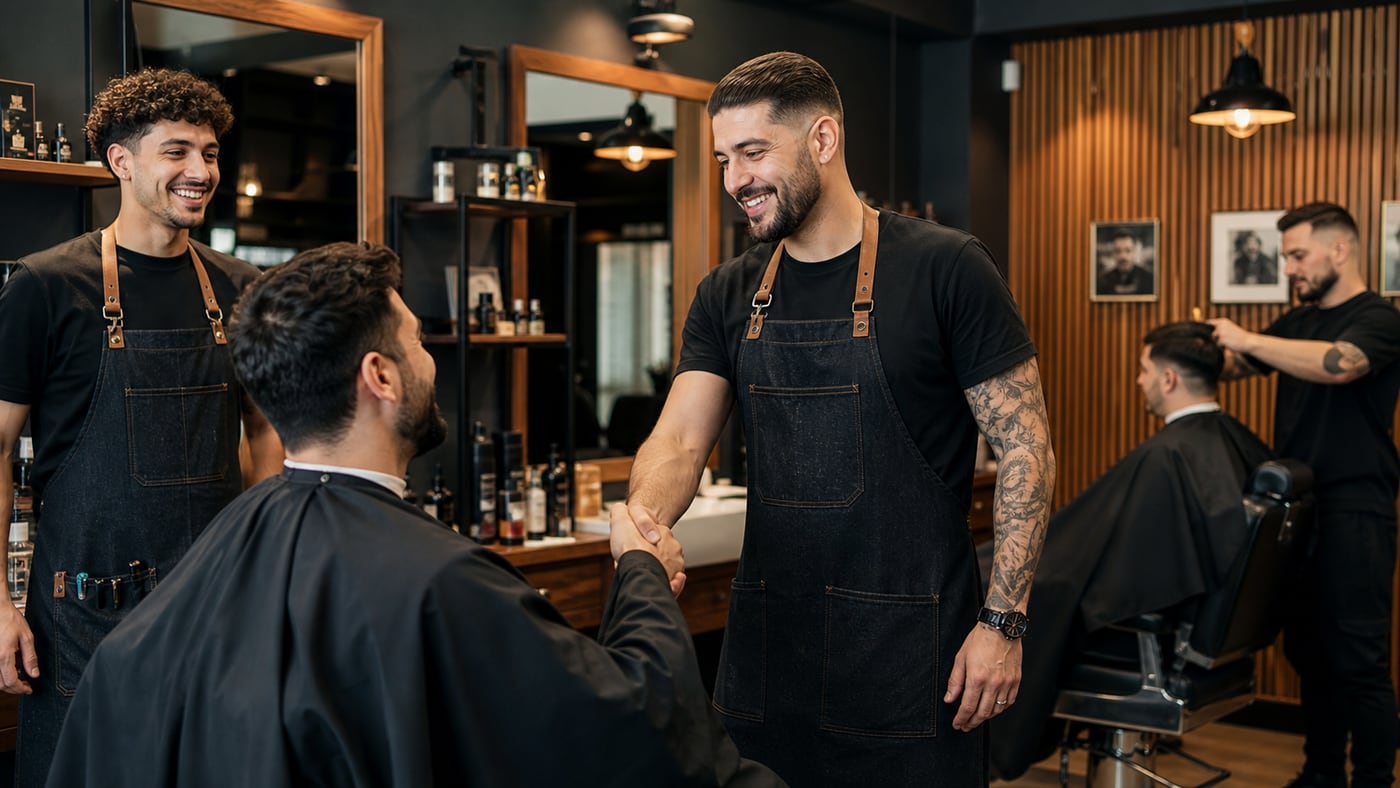 Equipa de barbearia em Portugal a receber cliente num espaço moderno e profissional