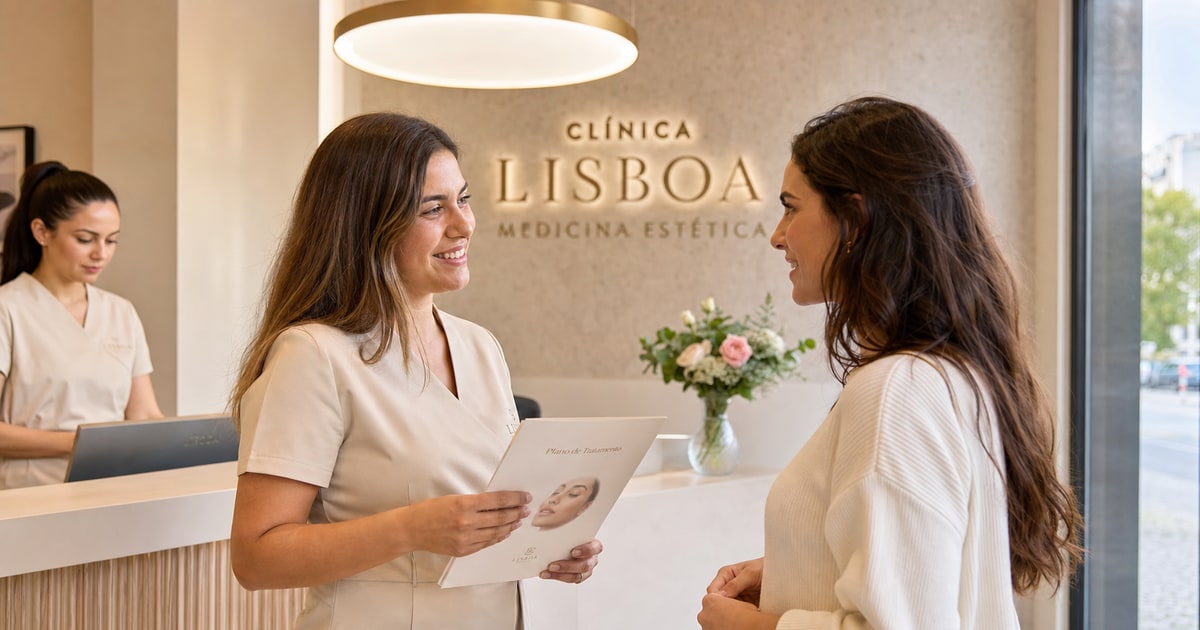 Profissional de clínica de estética a receber cliente na receção de um espaço moderno em Portugal