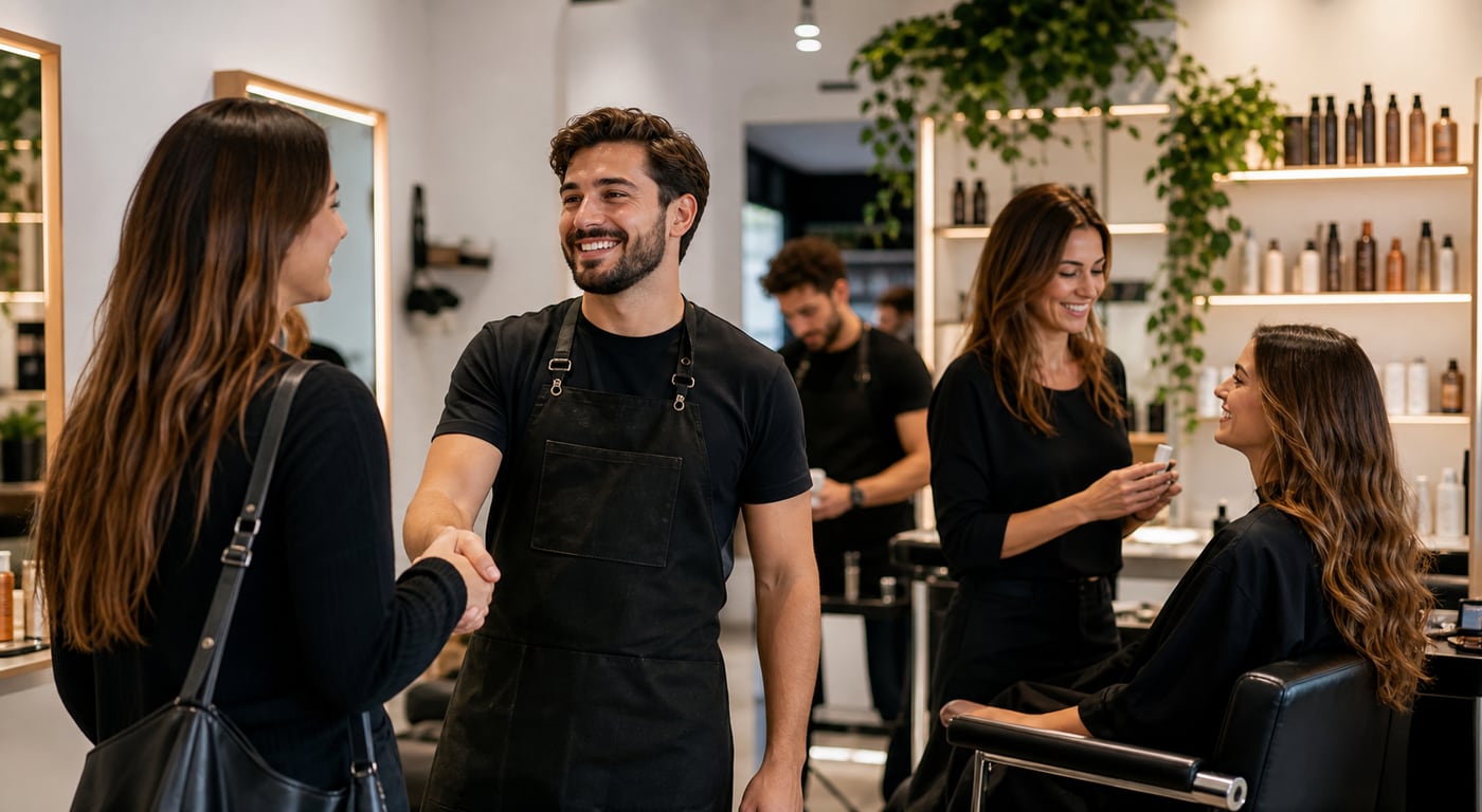 Equipa de salão de beleza em Portugal a receber e atender clientes num ambiente premium